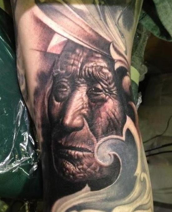 American native very detailed old Indian tattoo on arm