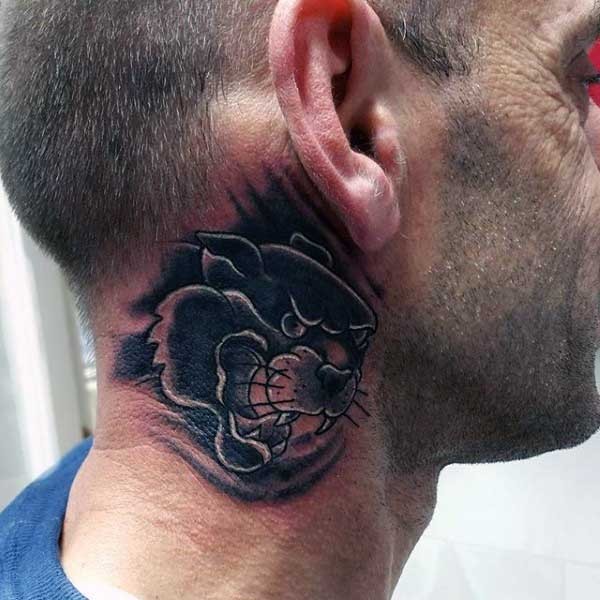 American traditional black ink neck tattoo of panther