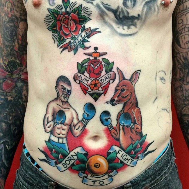 American traditional style colored belly tattoo of boxer with kangaroo and lettering