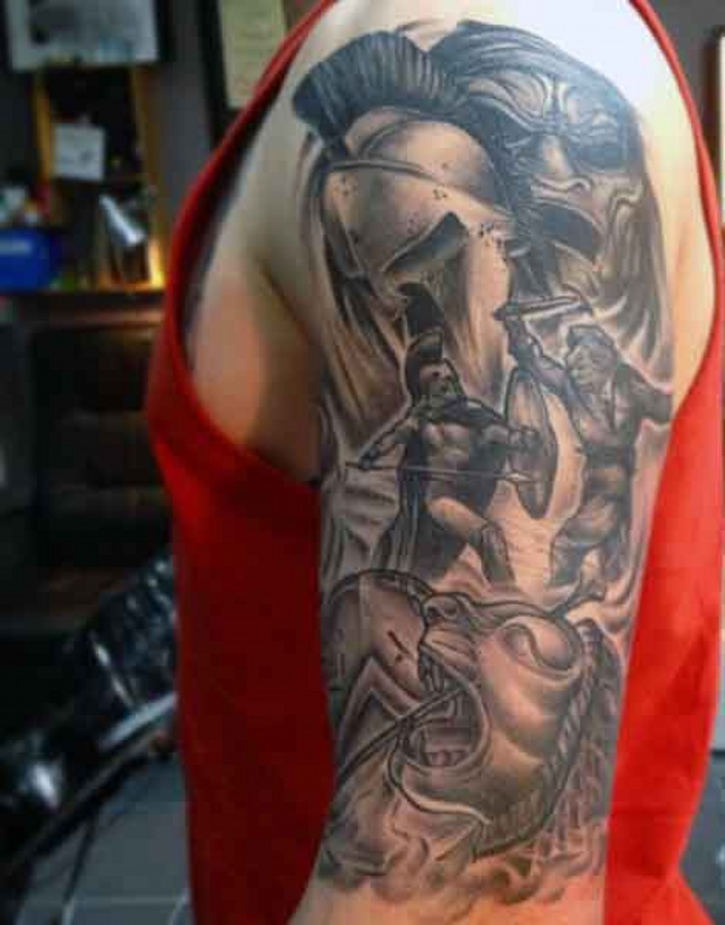 Ancient Greece mythology themed black ink half sleeve tattoo