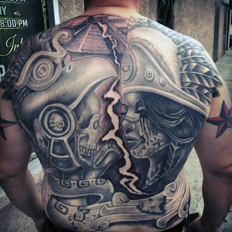 Ancient Mayan tribes themed tattoo on whole back with big temple