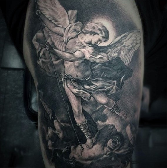 Ancient painting like black and white shoulder tattoo of angel warrior