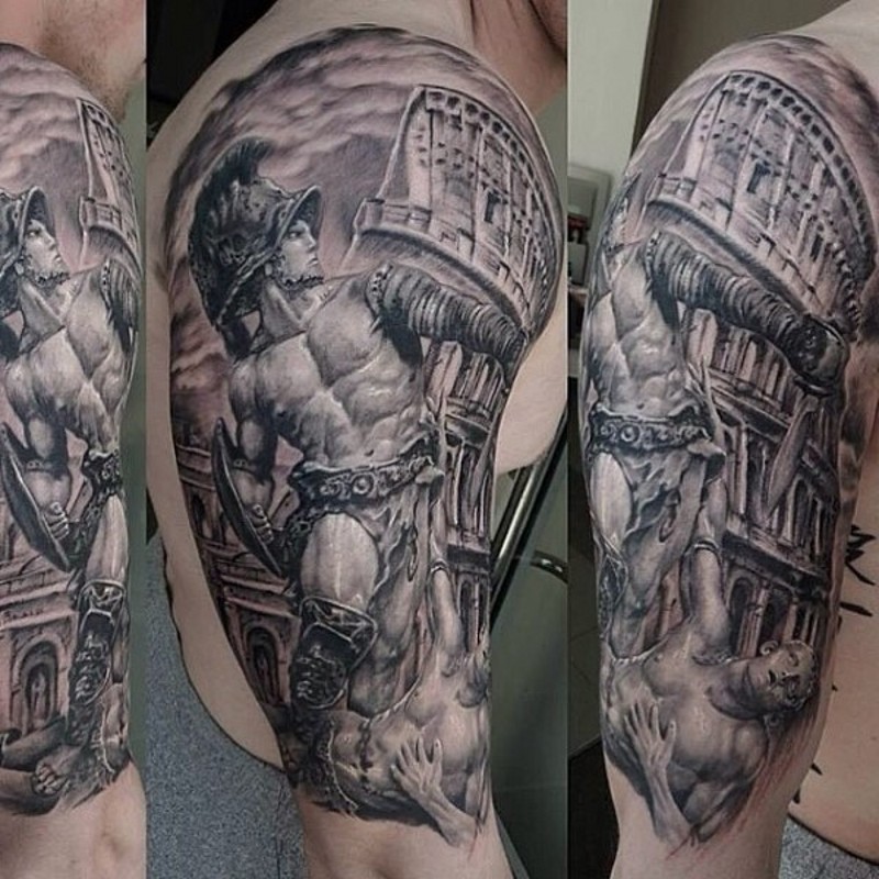 Ancient Rome themed black ink gladiator statue tattoo on shoulder with big fight arena