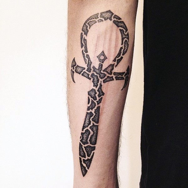 Ancient style colored arm tattoo of fantasy sword