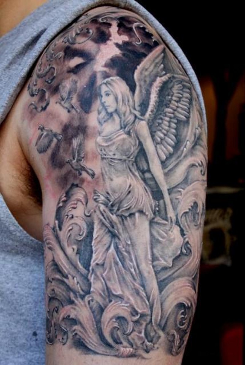 Cool angel girl tattoo on shoulder