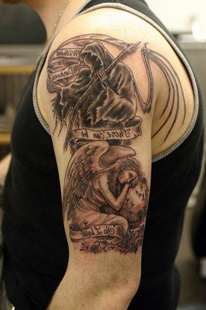 Angels and demons tattoo on whole shoulder