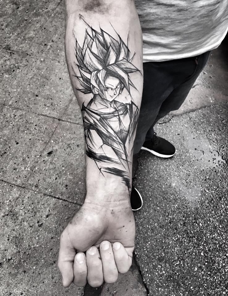 Tatuaggio con avambraccio a inchiostro nero a tema anime di combattente cool
