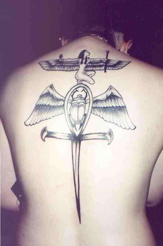 Ankh sharp symbol, winged scarab Egyptian goddess Maat with outstretched wings back tattoo