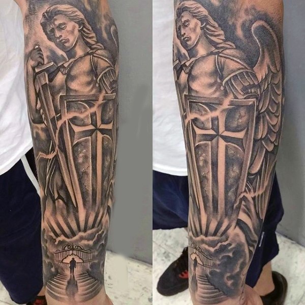 Antic like black and white forearm tattoo of angel warrior and haven gates