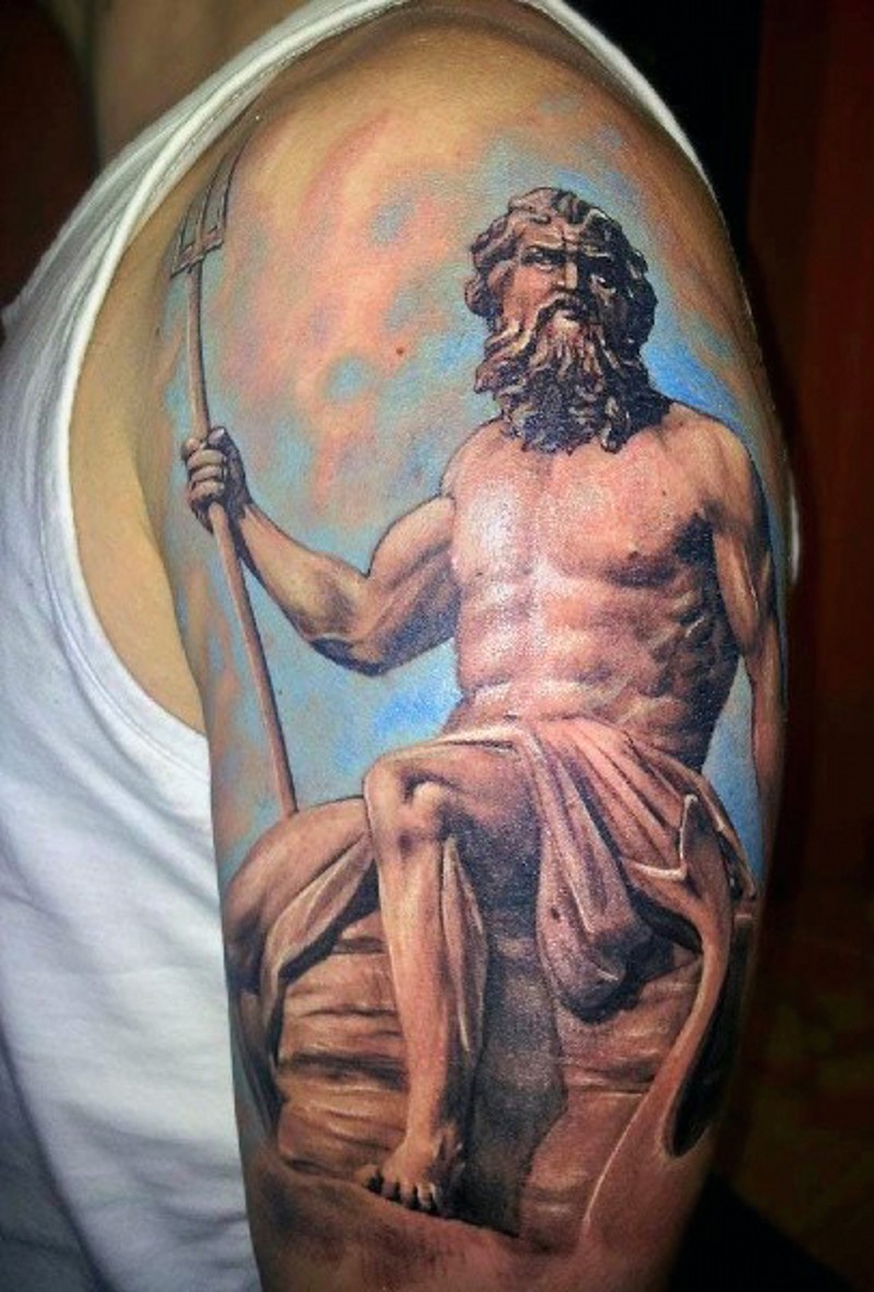 Antic like painted colored Poseidon god tattoo on upper arm