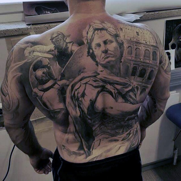 Antic like Roman empire themed tattoo on whole back
