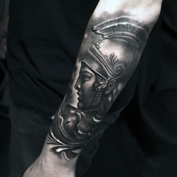 Antic like very detailed forearm tattoo of warrior statue