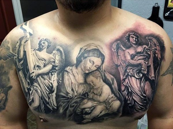 Antic religious themed black ink angelic statues tattoo on chest