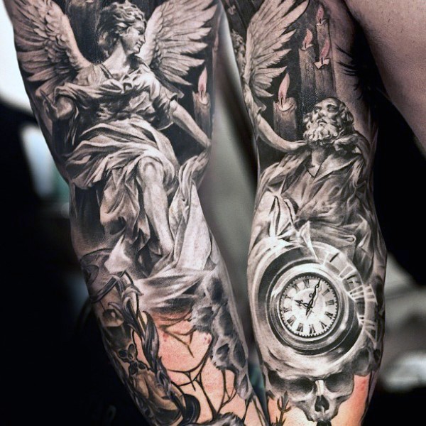 Antic style black and white angels statues tattoo on sleeve with old clock and skull