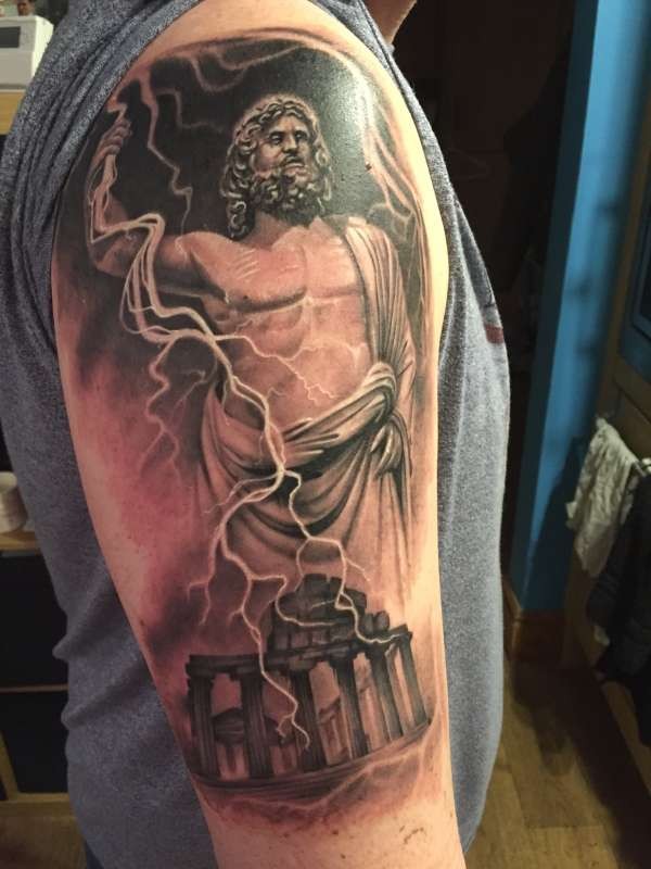 Antic style very detailed massive Zeus tattoo on shoulder