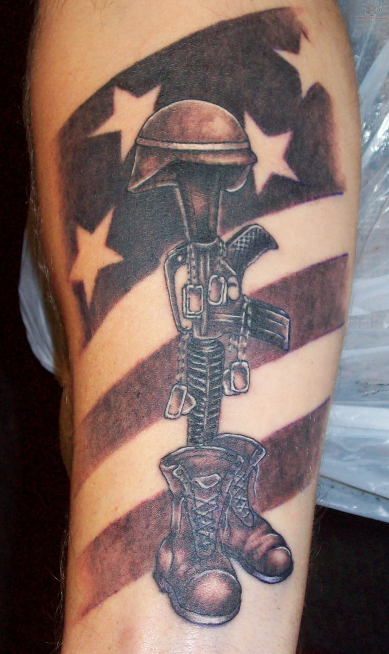 Army memorial tattoo on leg