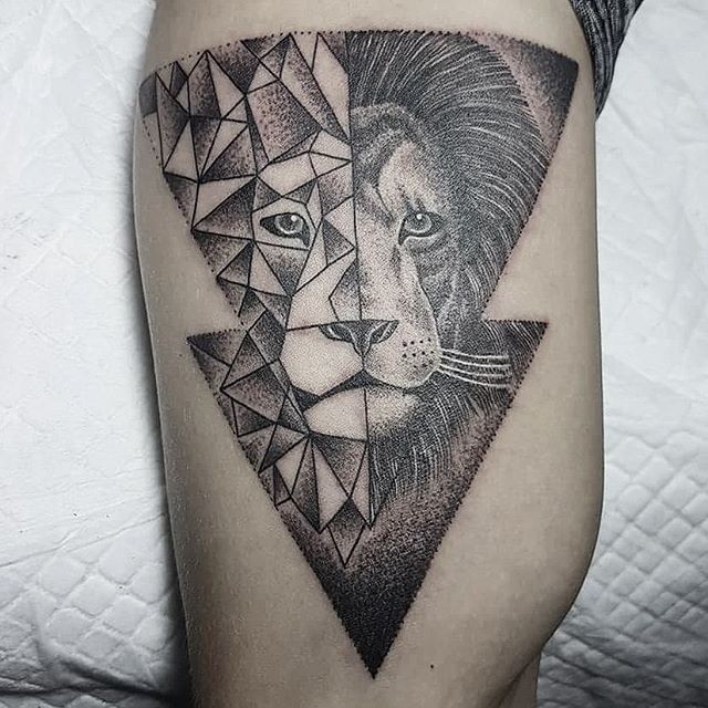 Arrow shaped black ink dot style tattoo of separated lion head
