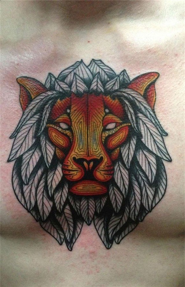 Tatuaggio di petto in stile arte colorato di testa di leone