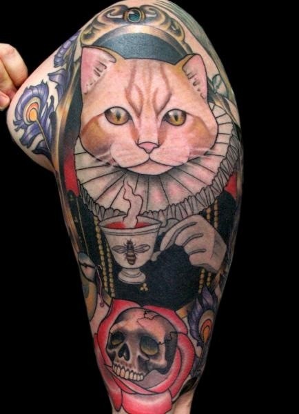 Art style colored shoulder tattoo of human like cat with rose and skull