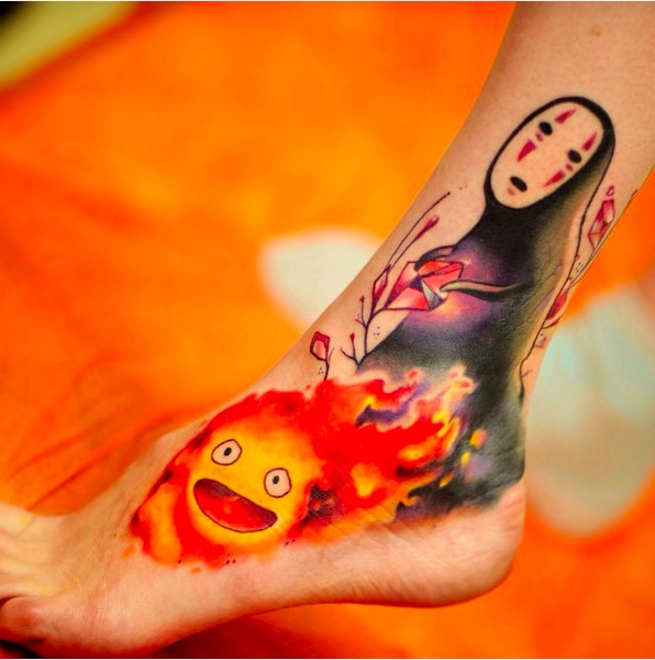 Asian cartoon style colored ankle tattoo of various funny heroes