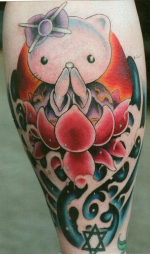 Asian cartoon style colored tattoo of sweet cat with flower