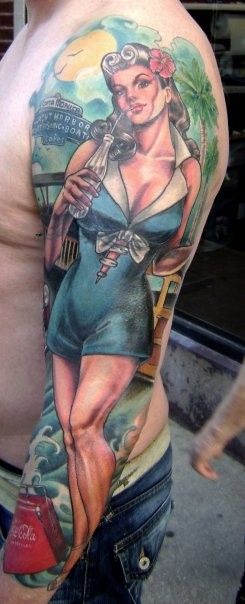 Asian cartoons style colored seductive sexy pin up girl tattoo on shoulder