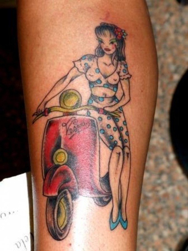 Asian cartoons style painted interesting woman with scooter tattoo on leg