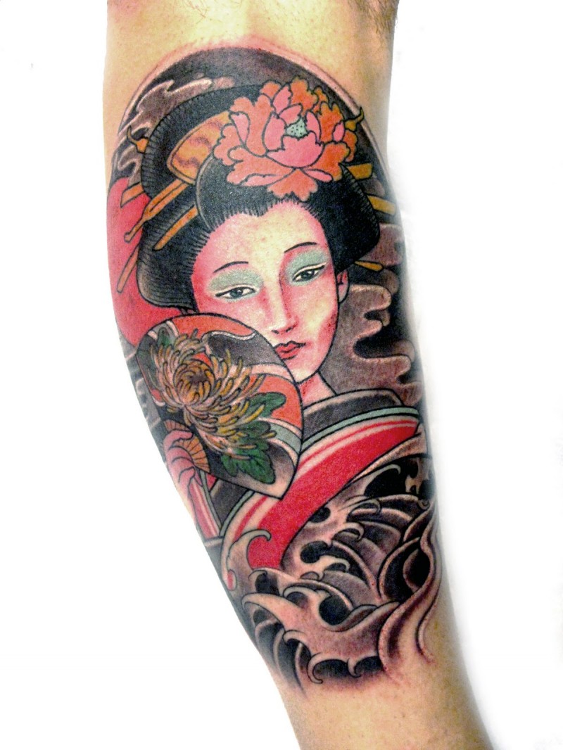 Asian native colored beautiful geisha tattoo on leg with fan