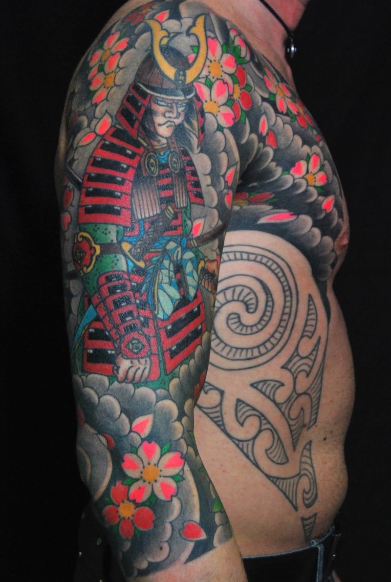 Asian native multicolored sleeve and chest tattoo of samurai warrior with flowers