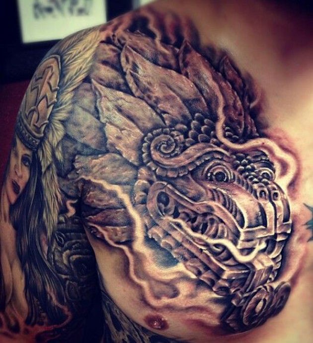 Asian style 3D like detailed colored chest tattoo on dragon statue
