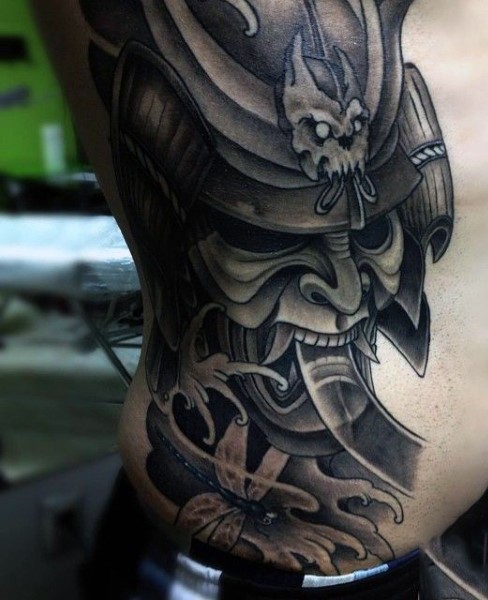 Asian style big colored detailed samurai warrior helmet tattoo on side with dragonfly