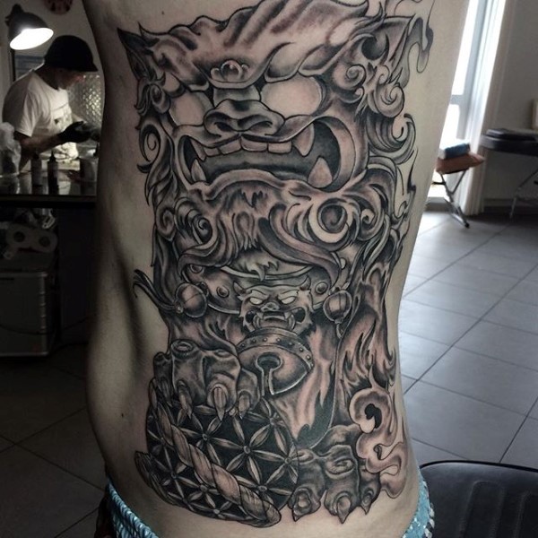 Asian style big detailed demonic lion tattoo on side