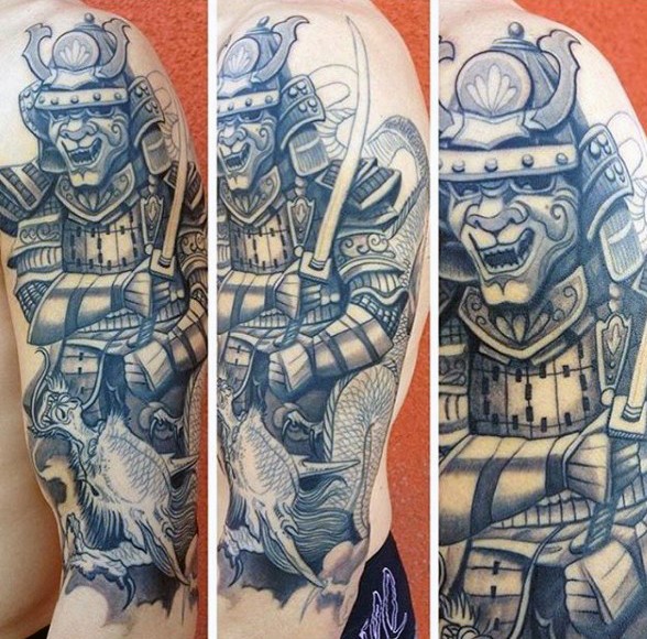 Asian style black and white forearm tattoo of samurai warrior with fish