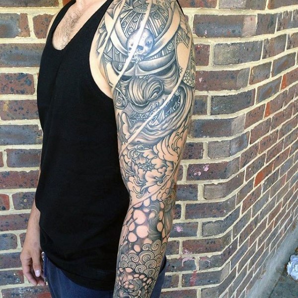 Asian style colored demonic samurai mask tattoo on sleeve combined with flowers