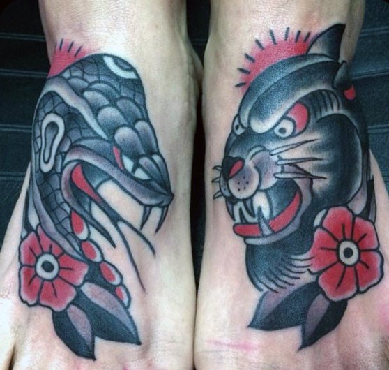 Asian style colored evil snake and lion with flowers tattoo on feet