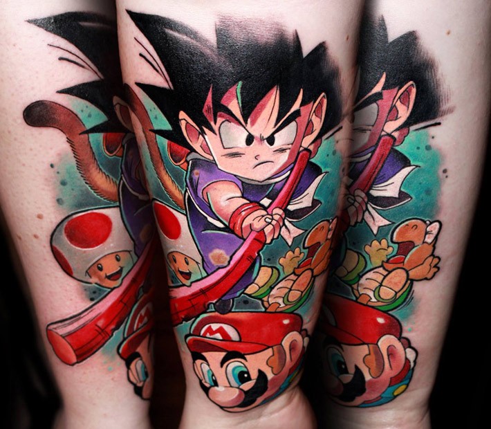 Asian style colored forearm tattoo of various video games heroes
