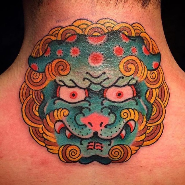 Asian style colored neck tattoo of funny tiger