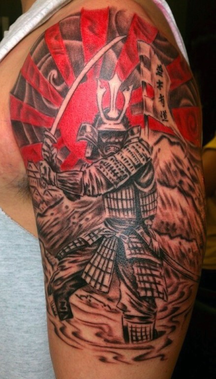Asian style colored old cartoon forearm tattoo of angry samurai warrior