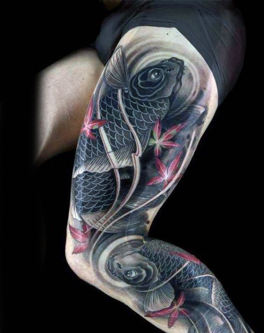 Asian style colored very detailed sleeve tattoo of carp fishes stylized with leaves