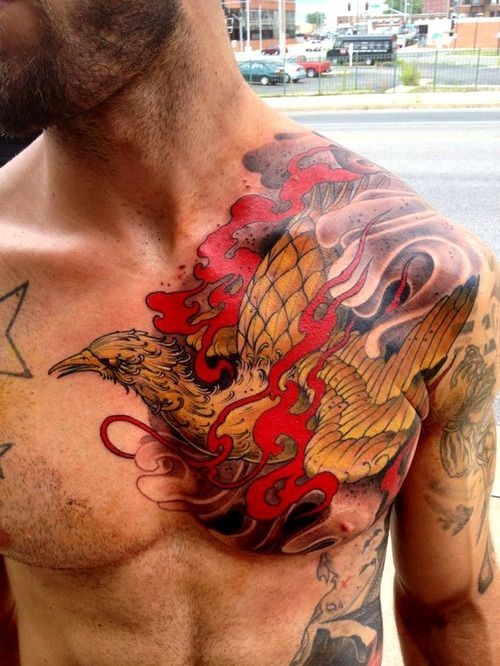 Asian style colorful detailed phoenix tattoo on chest