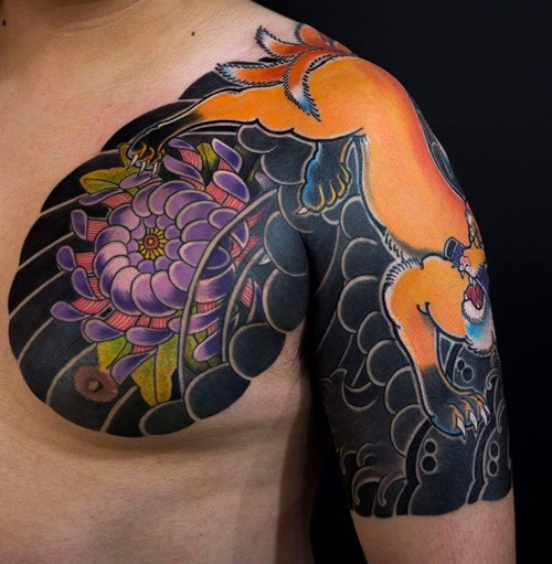 Asian style colorful sneaking fox and flower tattoo on chest and half sleeve zone