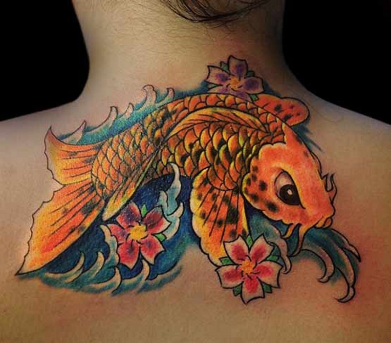 Asian style golden carp fish in water waves colored floral tattoo on upper back