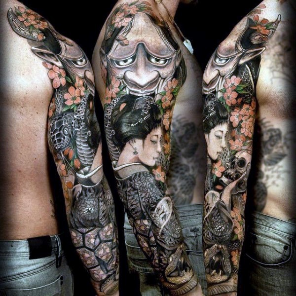 Asian style massive multicolored natural looking sleeve tattoo of geisha with demonic mask