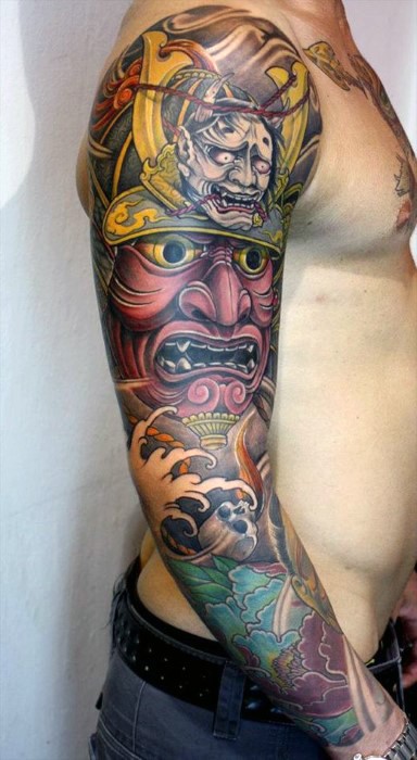 Asian style massive multicolored sleeve tattoo of big samurai mask with flowers