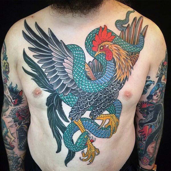 Asian style multicolored massive cock fighting with snake tattoo on chest