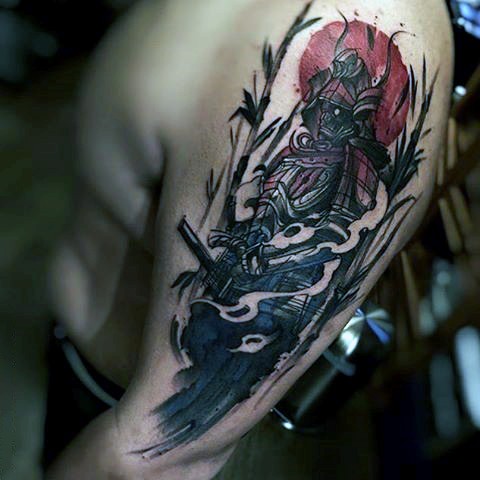 Asian style multicolored mystic samurai warrior shoulder length tattoo