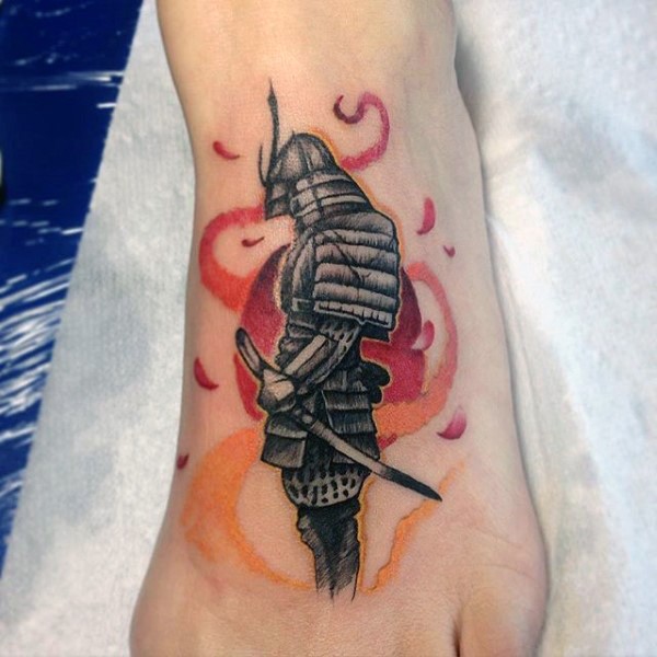 Asian style multicolored samurai warrior with sun tattoo on foot