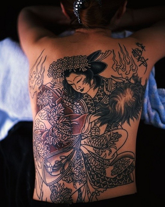Asian style old shool half colored massive whole back tattoo of dancing geisha