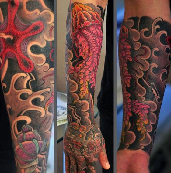 Asian style painted and colored big jellyfish tattoo on arm