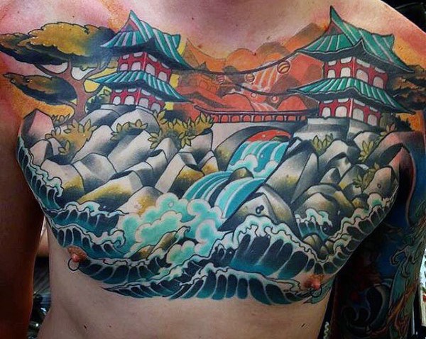 Asiatischer Stil süßes farbiges Haus mit Wasserfall Tattoo an der Brust